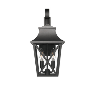 Black outdoor wall light mounted on porch