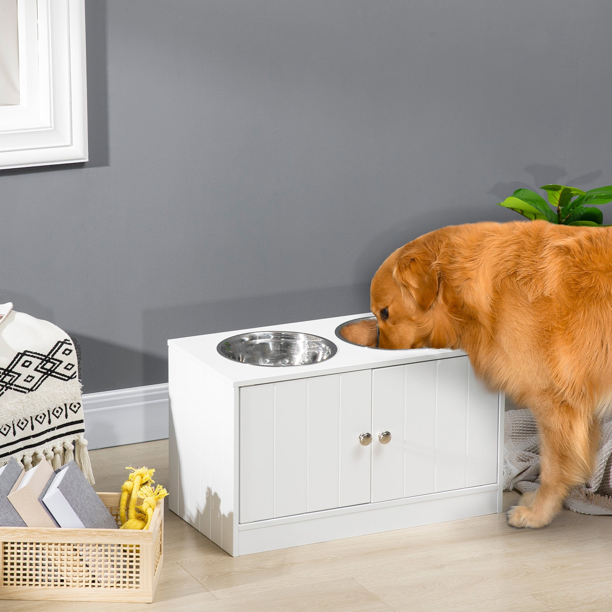 Pet drinking and feeding collection – elevated dog bowl stand with storage