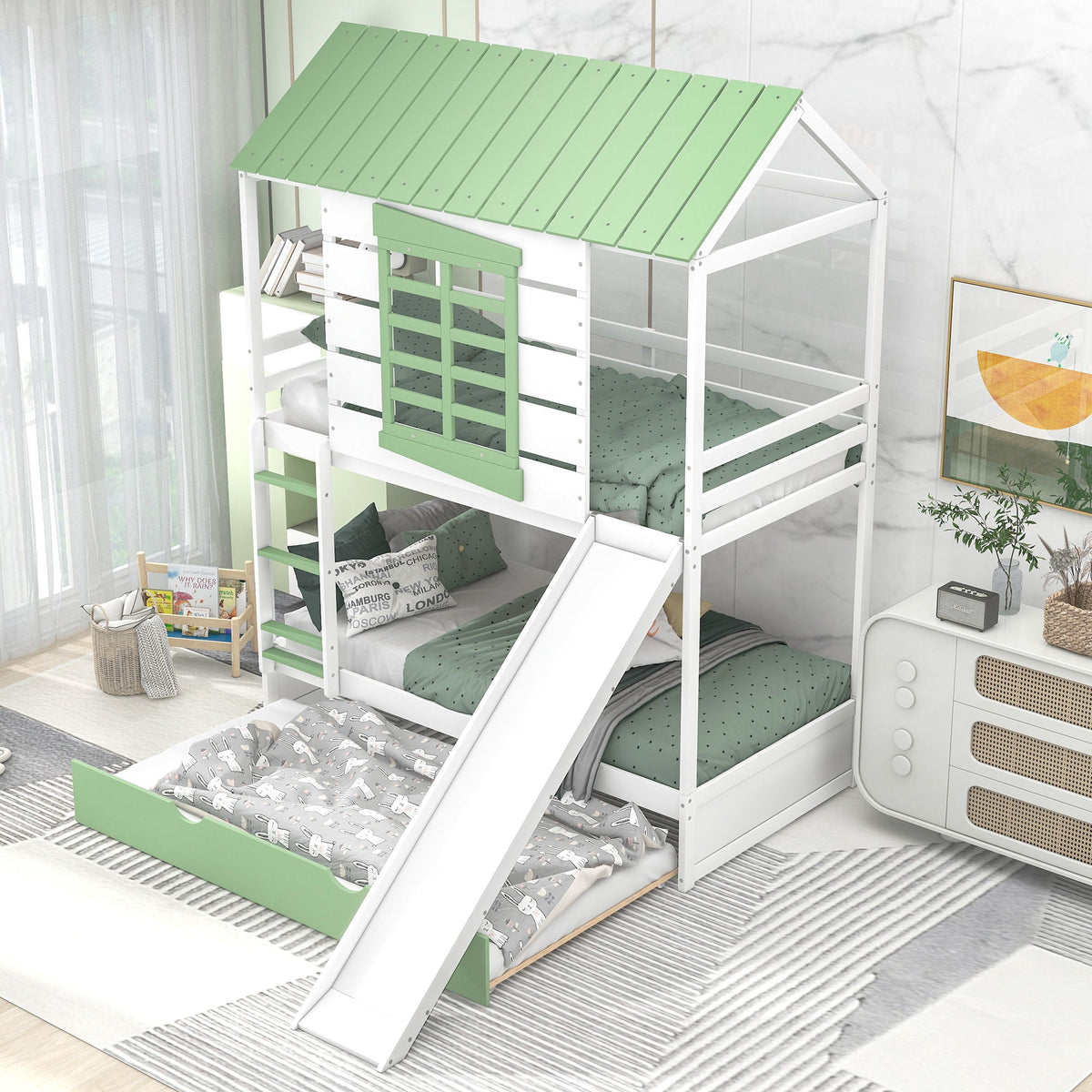 Twin Over Twin House Bunk Bed With Convertible Slide And Trundle - White