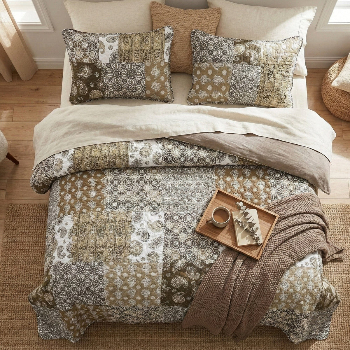 DaDa Bedding Bohemian Olive Brown Moroccan Paisley Floral Filigree Patchwork Cotton Bedspread Set (JHW-885)