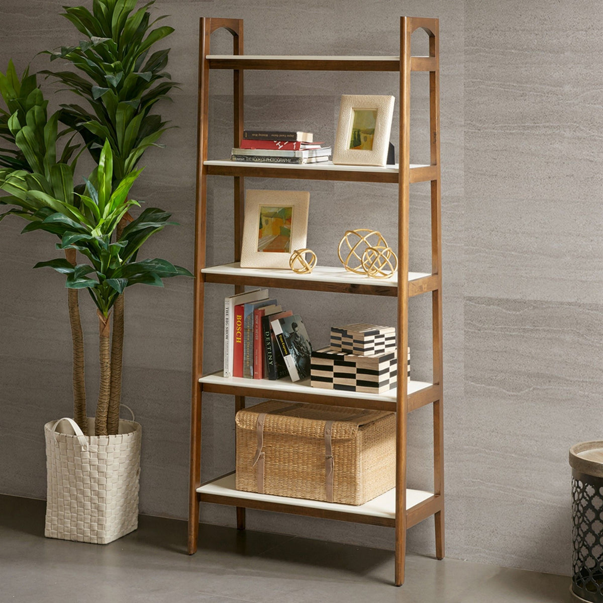 Mid - Century Design 5 Shelf Bookcase - Off White / Pecan
