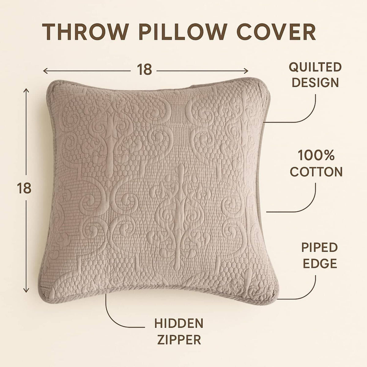 DaDa Bedding Set of 2-Pieces Sandy Beige Taupe Square Cushion Throw Pillow Covers, 18" x 18" (JHW-585)