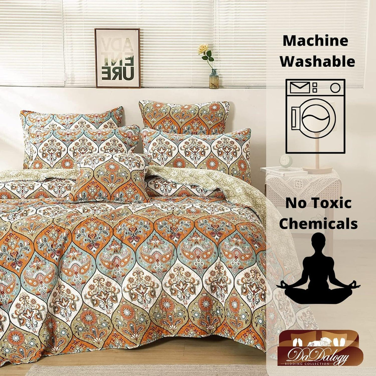 DaDa Bedding Bohemian Floral Paisley Garden Coral Teal Quilted Bedspread Set (LH1403)