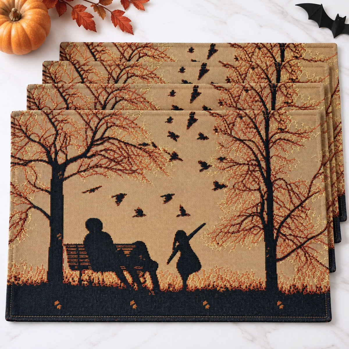 DaDalogy Bedding Set of 4 Pieces Autumn Birds Blessing Tapestry Dining Placemats 13” x 19” (Thanksgiving)