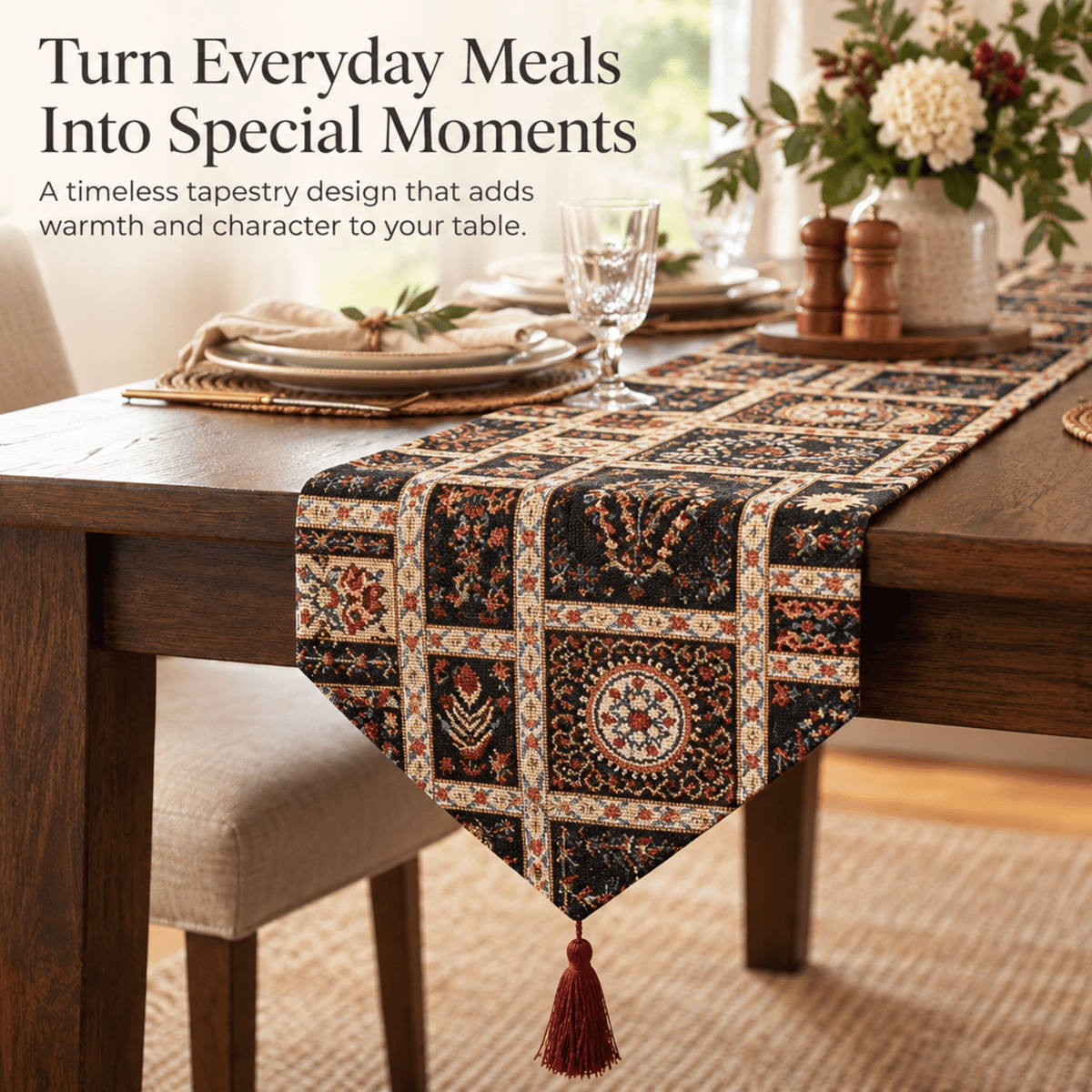DaDalogy Bedding Elegant Woven Mughal Floral Tapestry Table Runner, Dark Noir Botanical Vintage Fleur (18197)