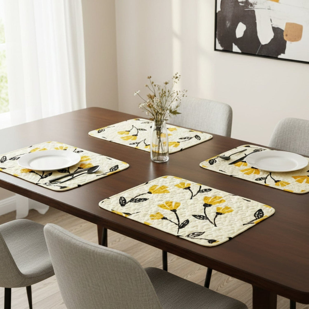 DaDa Bedding Botanical Floral Dining Table Placemats - Set of 4-Pieces Quilted Ivory with Yellow Fleur Golden Orange Spring Time Tulips - 13 x 19