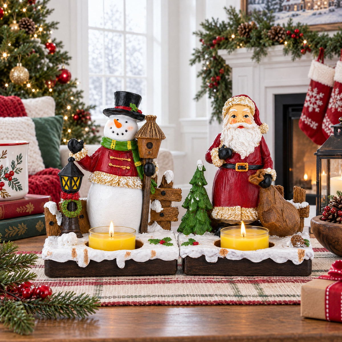 Set of 2 Santa and Snowman Tealight Candle Holders Resin Tabletop Decor