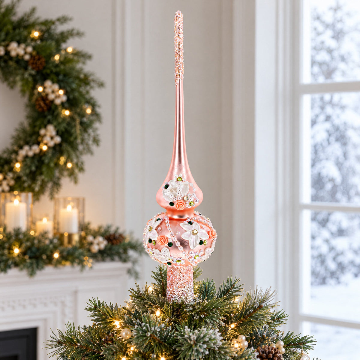 Pink Flowers on Metallic Rose Pink Glass Christmas Tree Topper 11 Inches