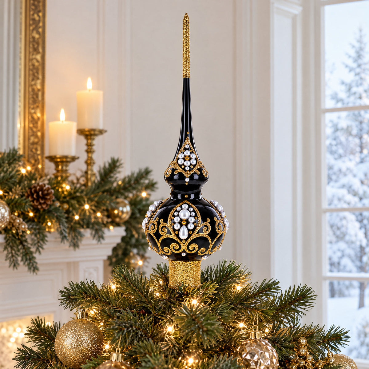 Black and Gold Filigree Design Glass Christmas Tree Topper 11 Inches