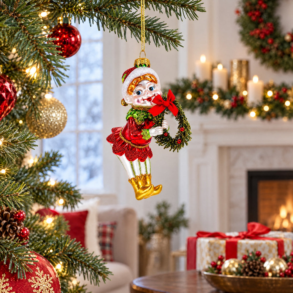 Smiling Elf with Red Bow Wreath Glass Christmas Ornament