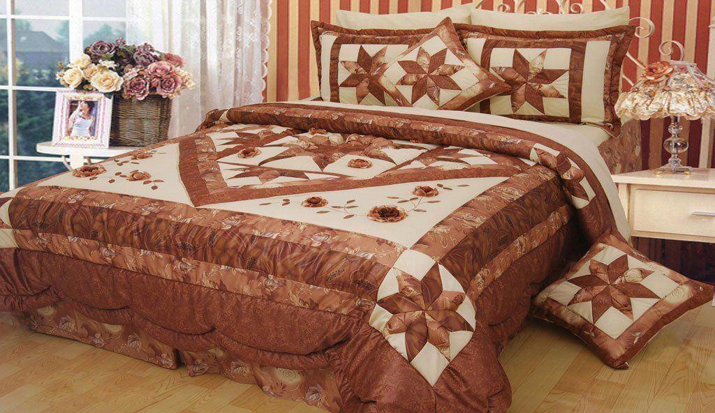 DaDa Bedding Diamond of Night Brown Beige Floral Stars Ruffles Comforter Set (BM915L)