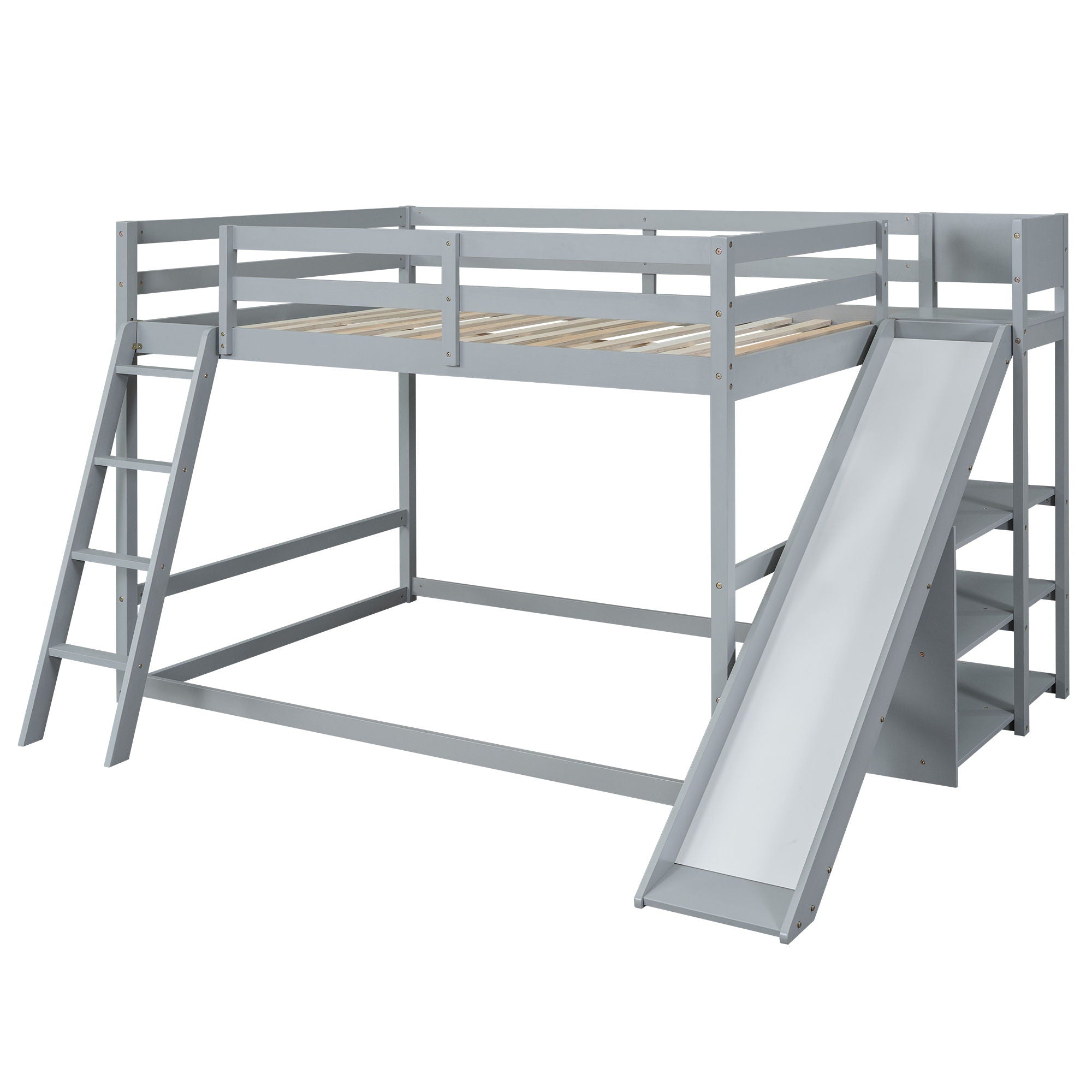 Bunk Bed With Ladder, Slide, And Shelves Pine Wood