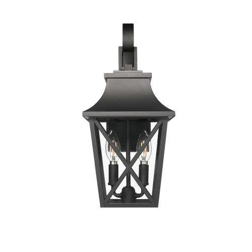 Black outdoor wall light mounted on porch