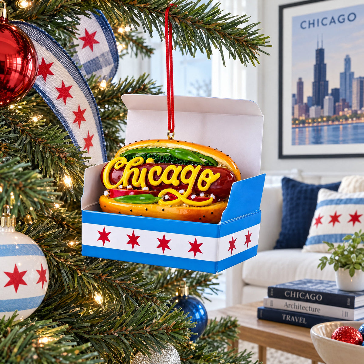 Chicago-Style Hot Dog Box Resin Christmas Ornament