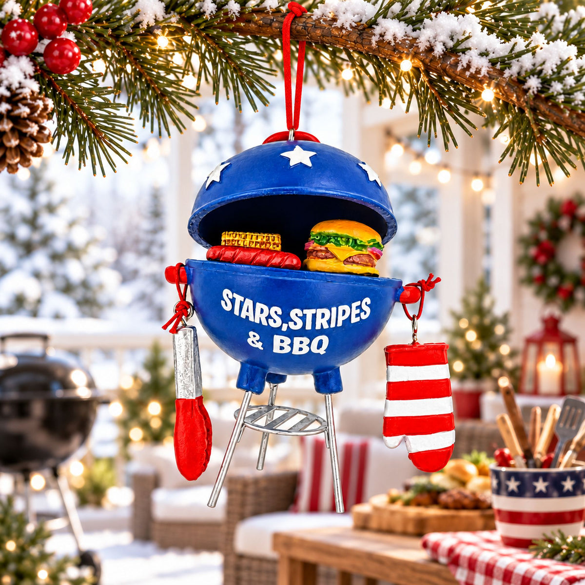 Patriotic BBQ Grill Burger Hot Dog Resin Christmas Ornament