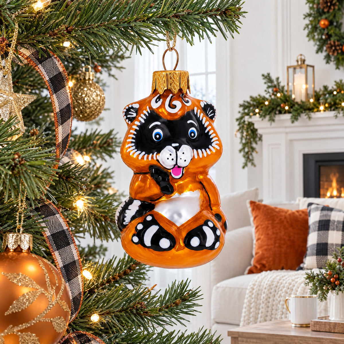 Playful Baby Raccoon Glass Christmas Ornament
