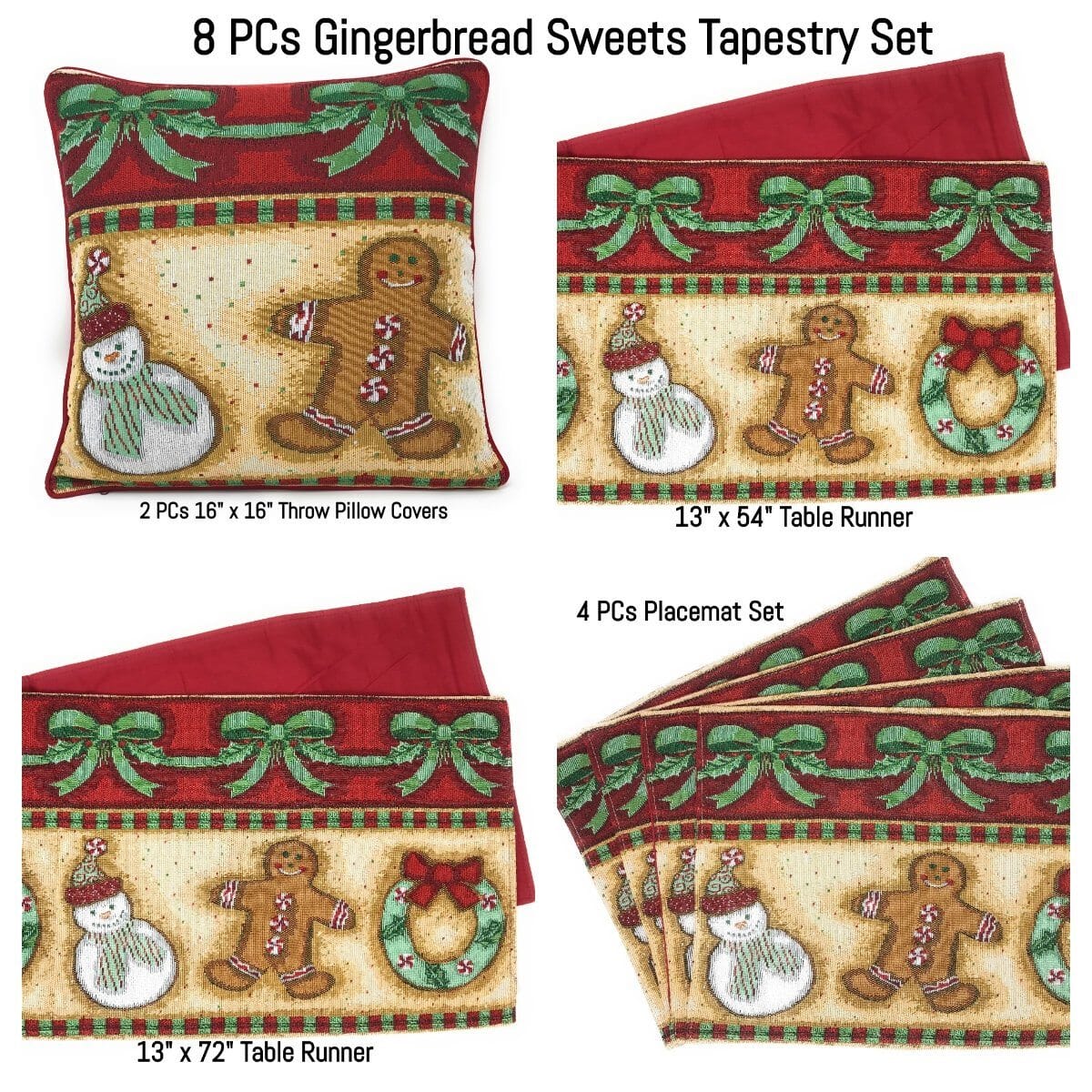 DaDa Bedding Set of 8 Pieces Gingerbread Sweets Holiday Table Tapestry - 4 Placemats, 2 Table Runners, 2 Throw Pillow Covers (12917)