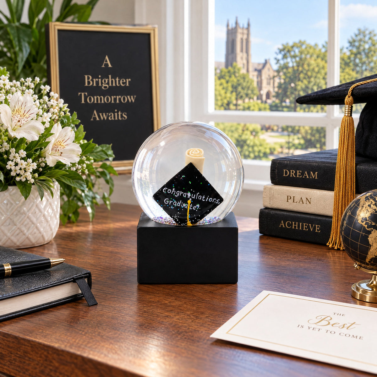 Graduation Hat & Diploma Glass Water Snow Globe