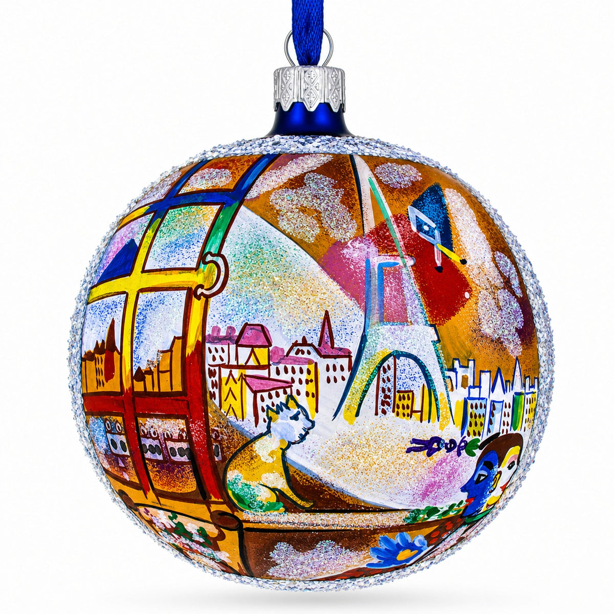 1913 'Paris Through the Window' by Marc Chagall Artistic Glass Ball Christmas Ornament 4 Inches