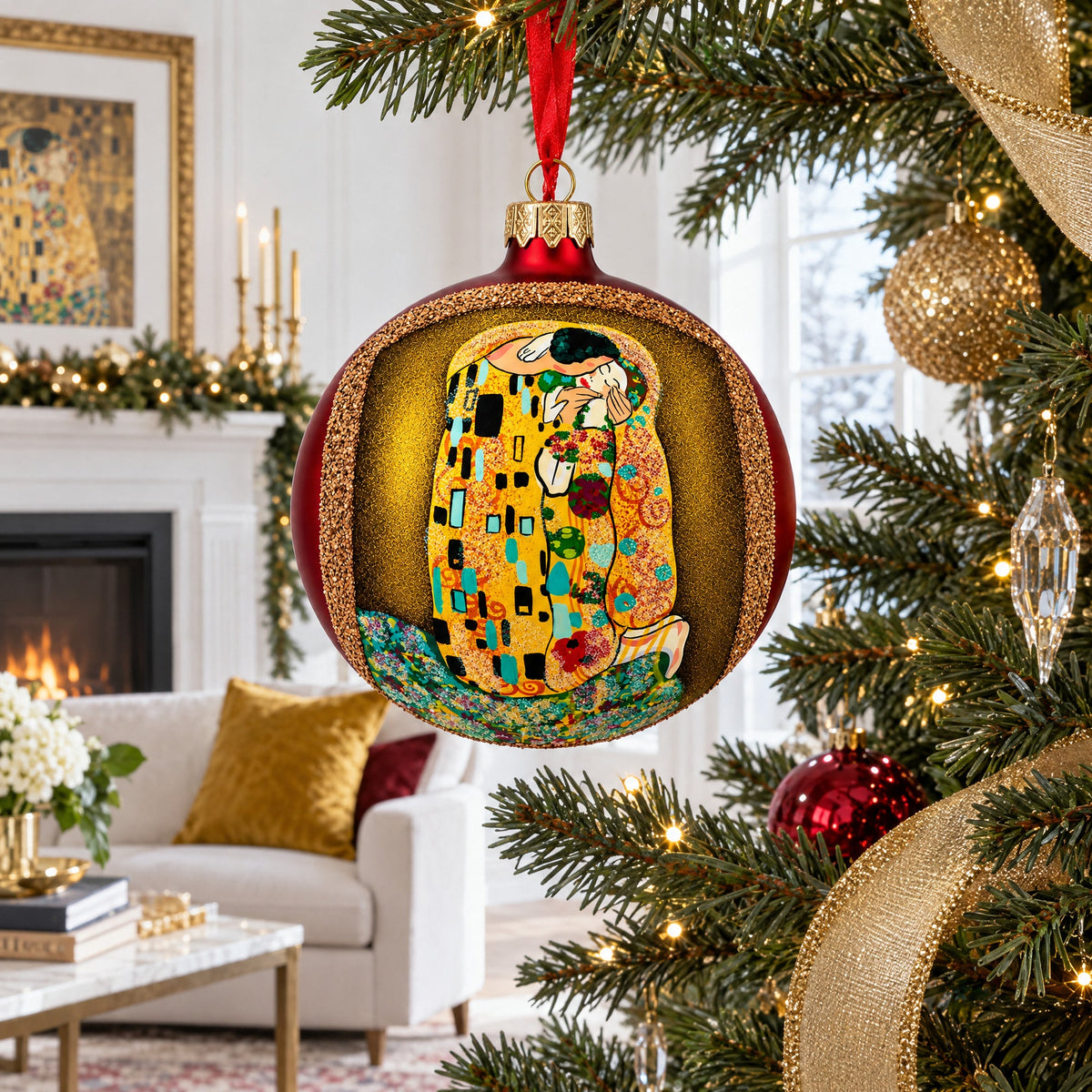 1908 'The Kiss' by Gustav Klimt Art Nouveau Masterpiece Glass Ball Christmas Ornament 4 Inches
