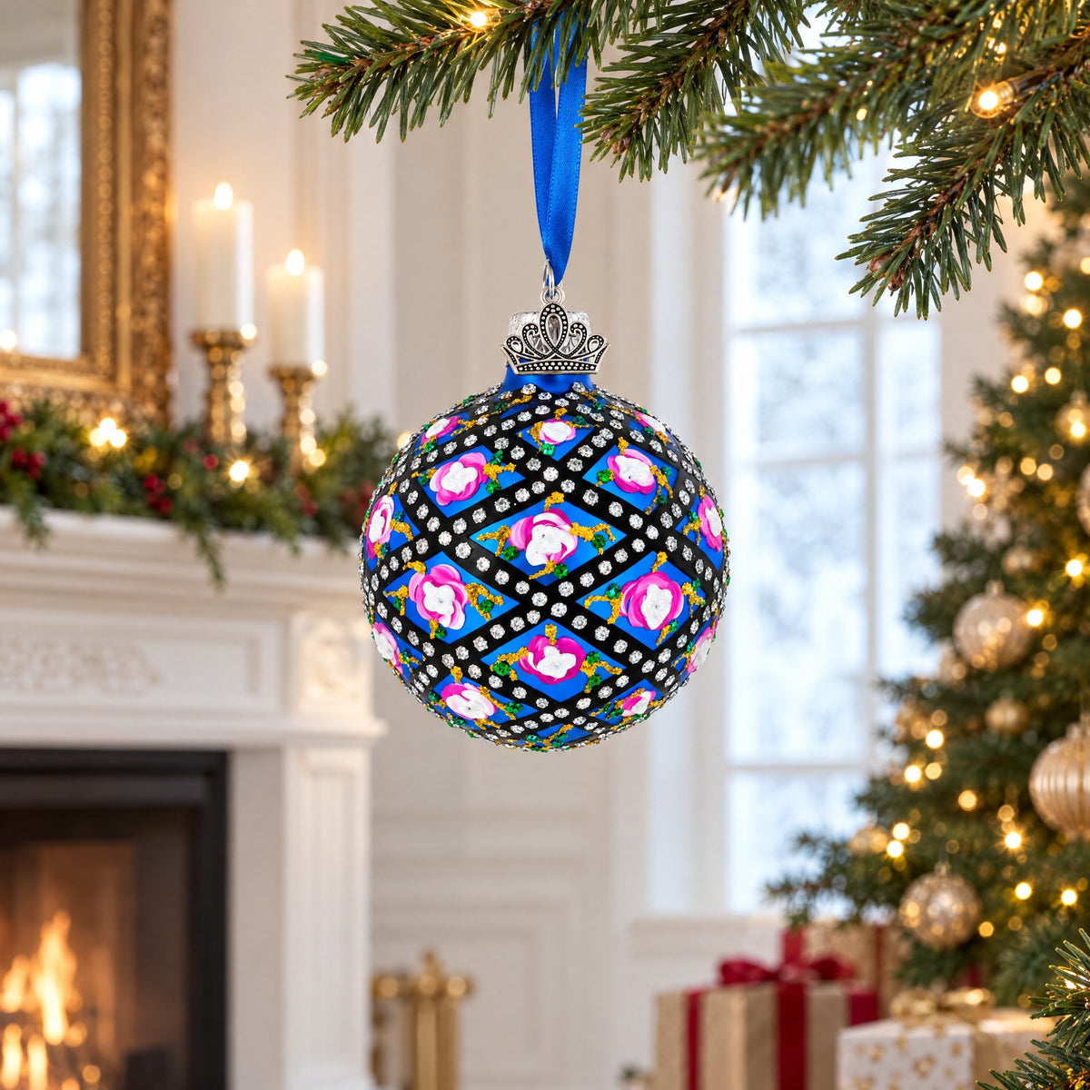 1907 Rose Trellis Royal Green Glass Ball Christmas Ornament 2.4 Inches