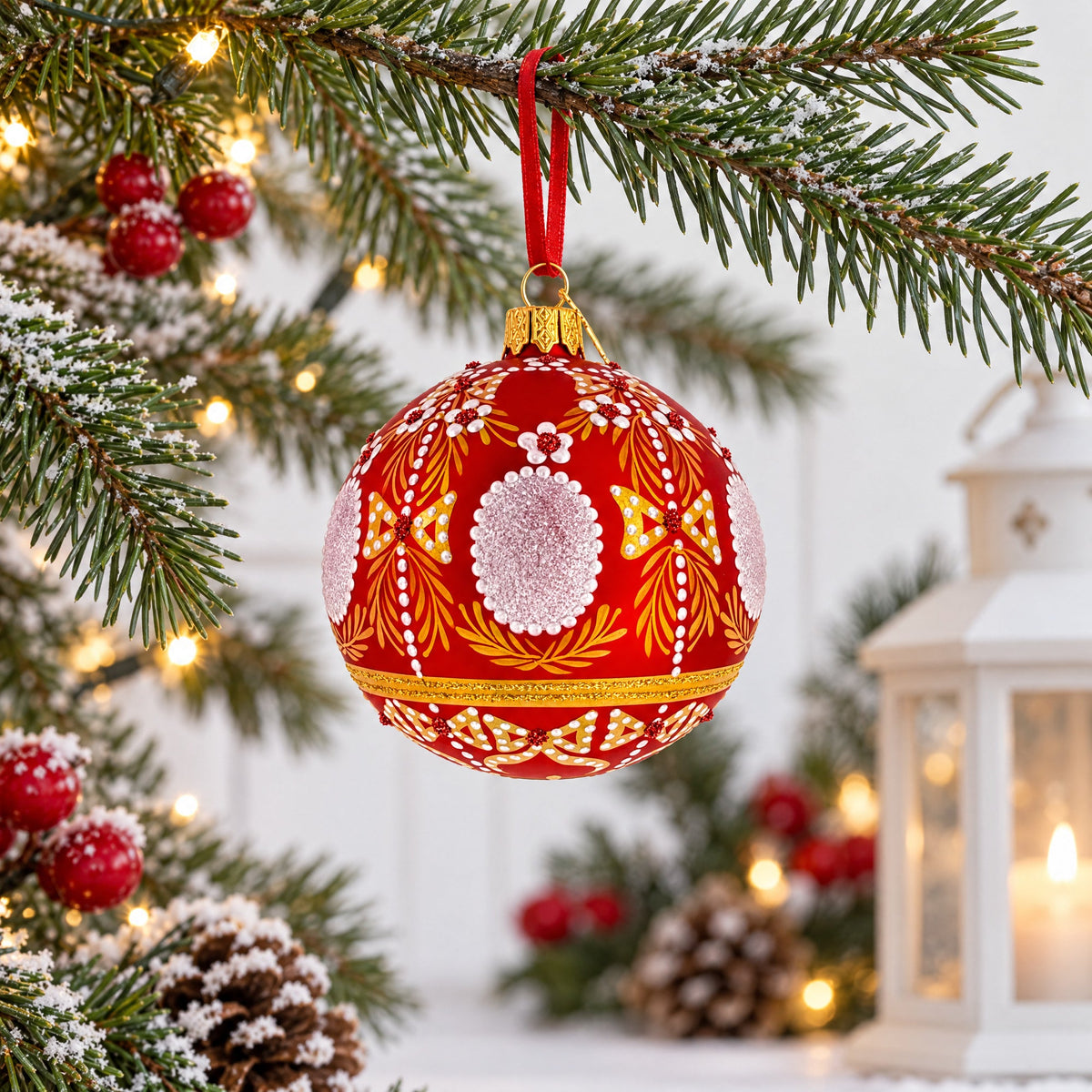 Ornate Floral Medallion on Matte Red Glass Ball Christmas Ornament