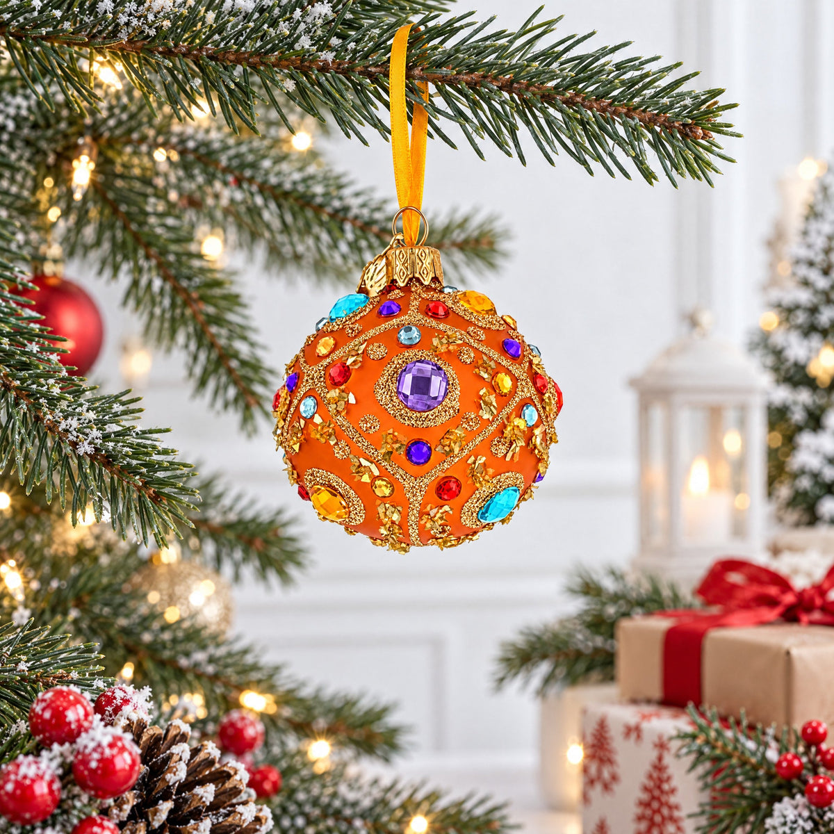 Boutique Amber Jewel Medallion Glass Ball Christmas Ornament