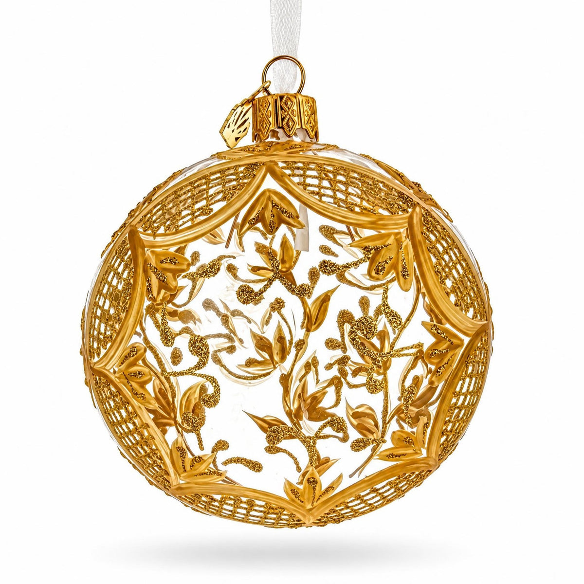 Golden Leaf Filigree Clear Glass Ball Christmas Ornament