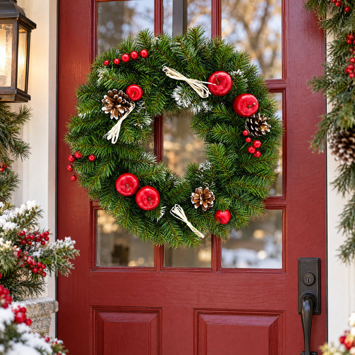 Ukrainian Christmas Wreath w. Frosted Straw Bows, Apples & Pine Cones 16 Inches