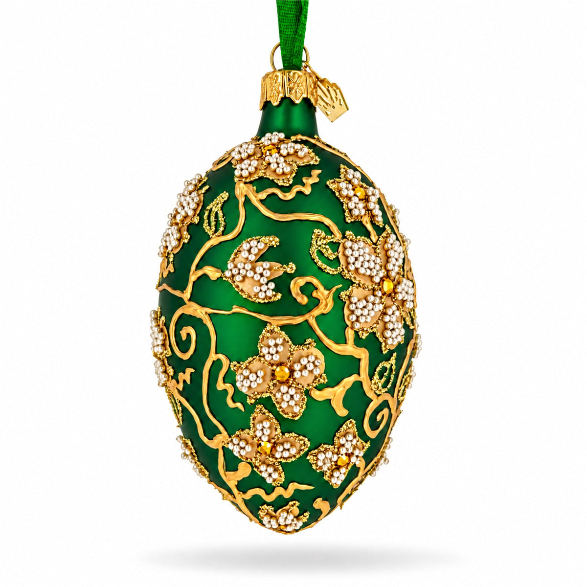 Green Jeweled Glitter Scrollwork Glass Egg Christmas Ornament
