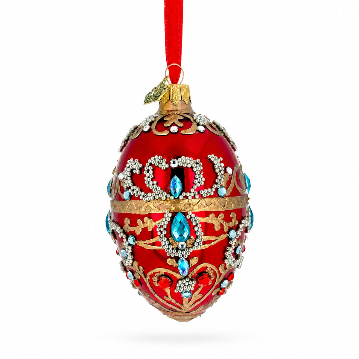 Red Jeweled Glitter Scrollwork Glass Egg Christmas Ornament