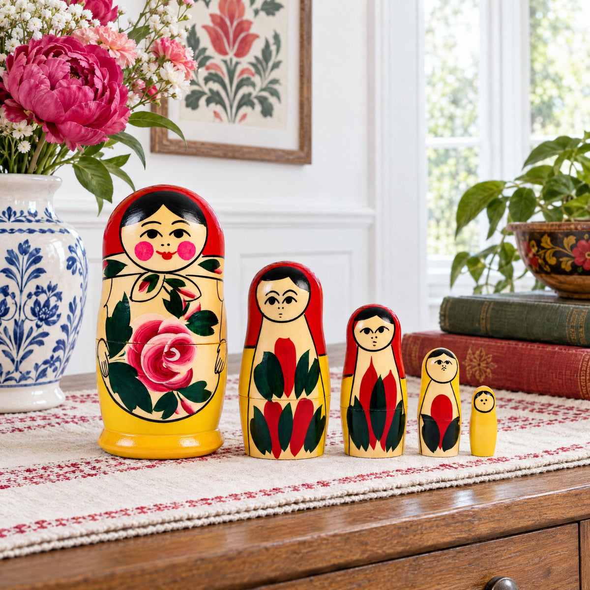 Wooden Semenov Red Scarf Nesting Dolls - Pink Rose Matryoshka 4.4 Inches