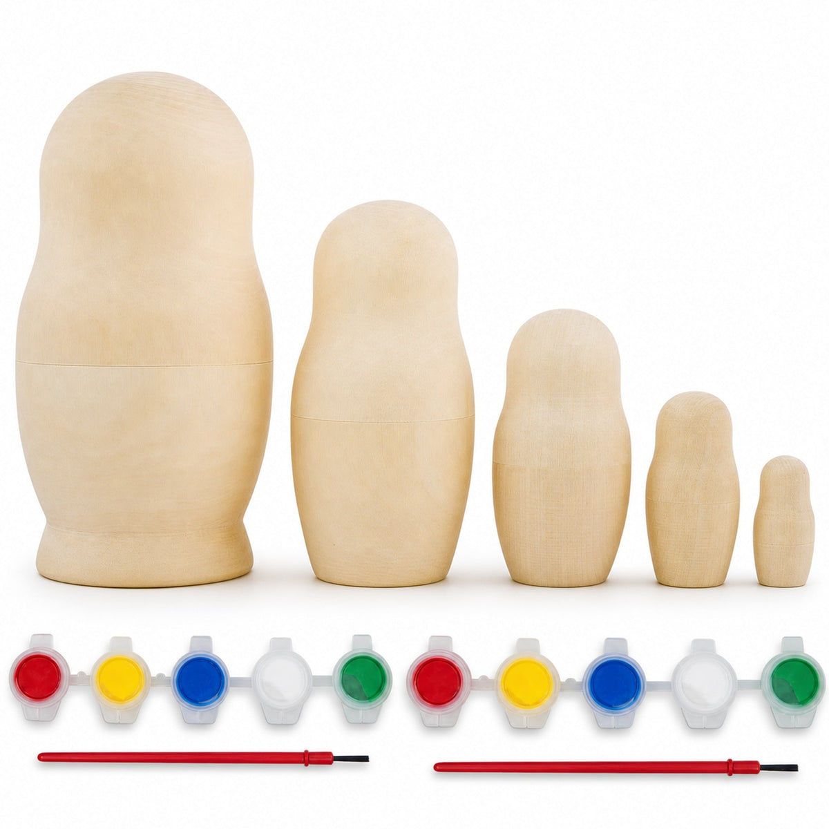 Set of 5 Unfinished Wooden Nesting Figurines with Paints DIY Craft Blanks for Painting  5.75 Inches