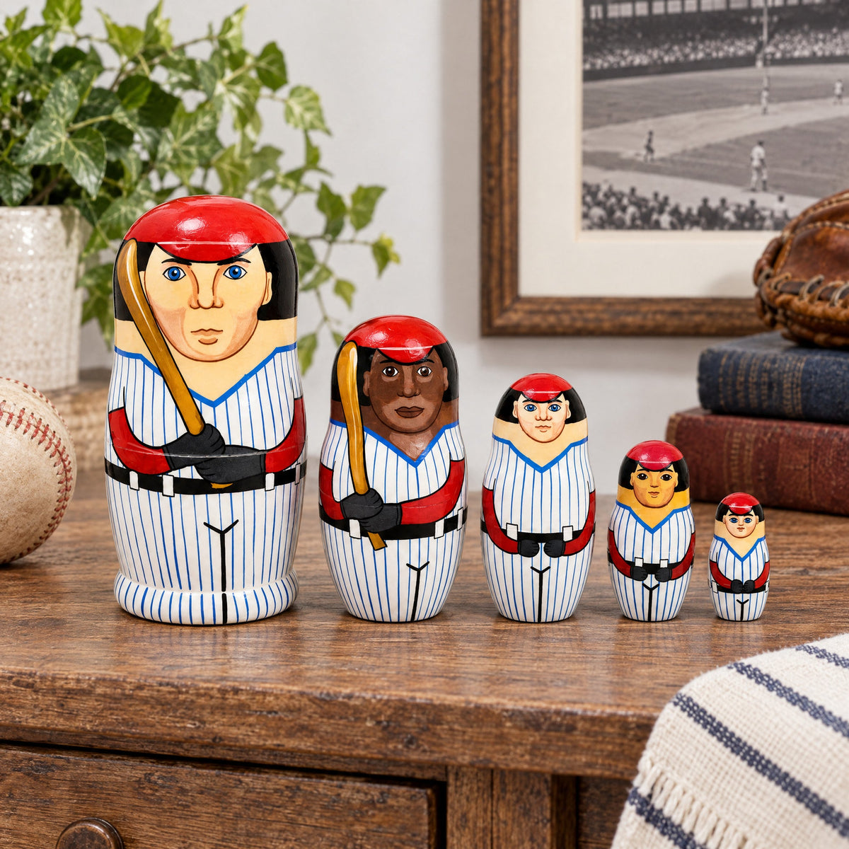 Set of 5 Baseball Wooden Nesting Dolls 6 Inches