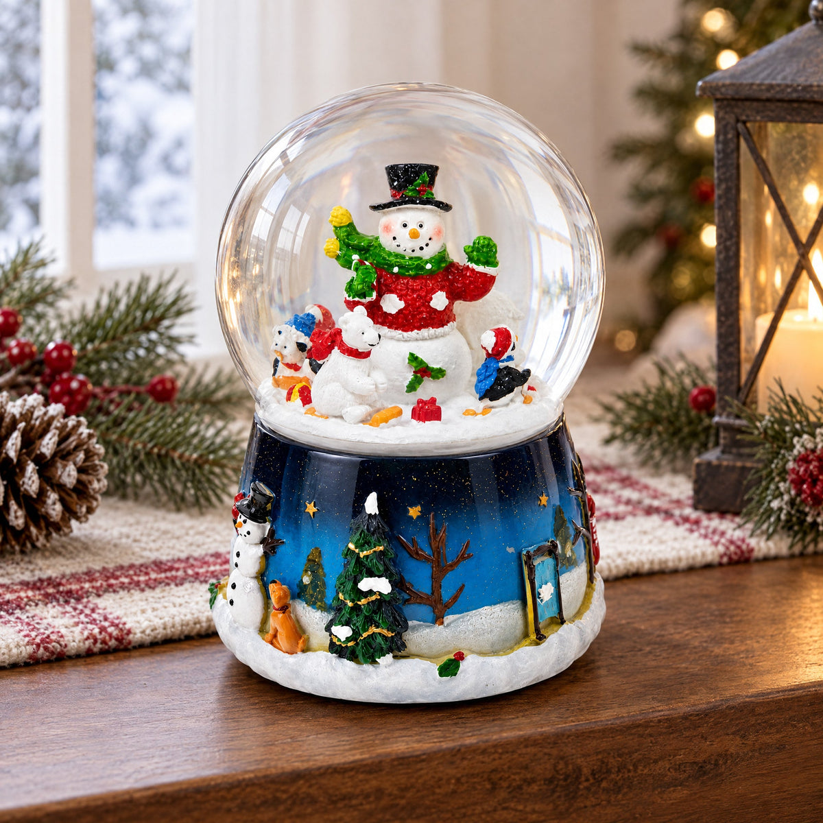 Snowman, Polar Bears, and Penguins Musical Spinning Snow Globe