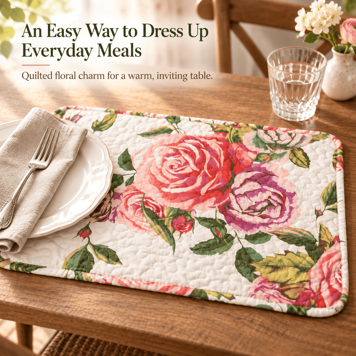 DaDa Bedding Set of 4-Pieces Romantic Roses Pink Floral Quilted Dining Placemats 13” x 19” (879)