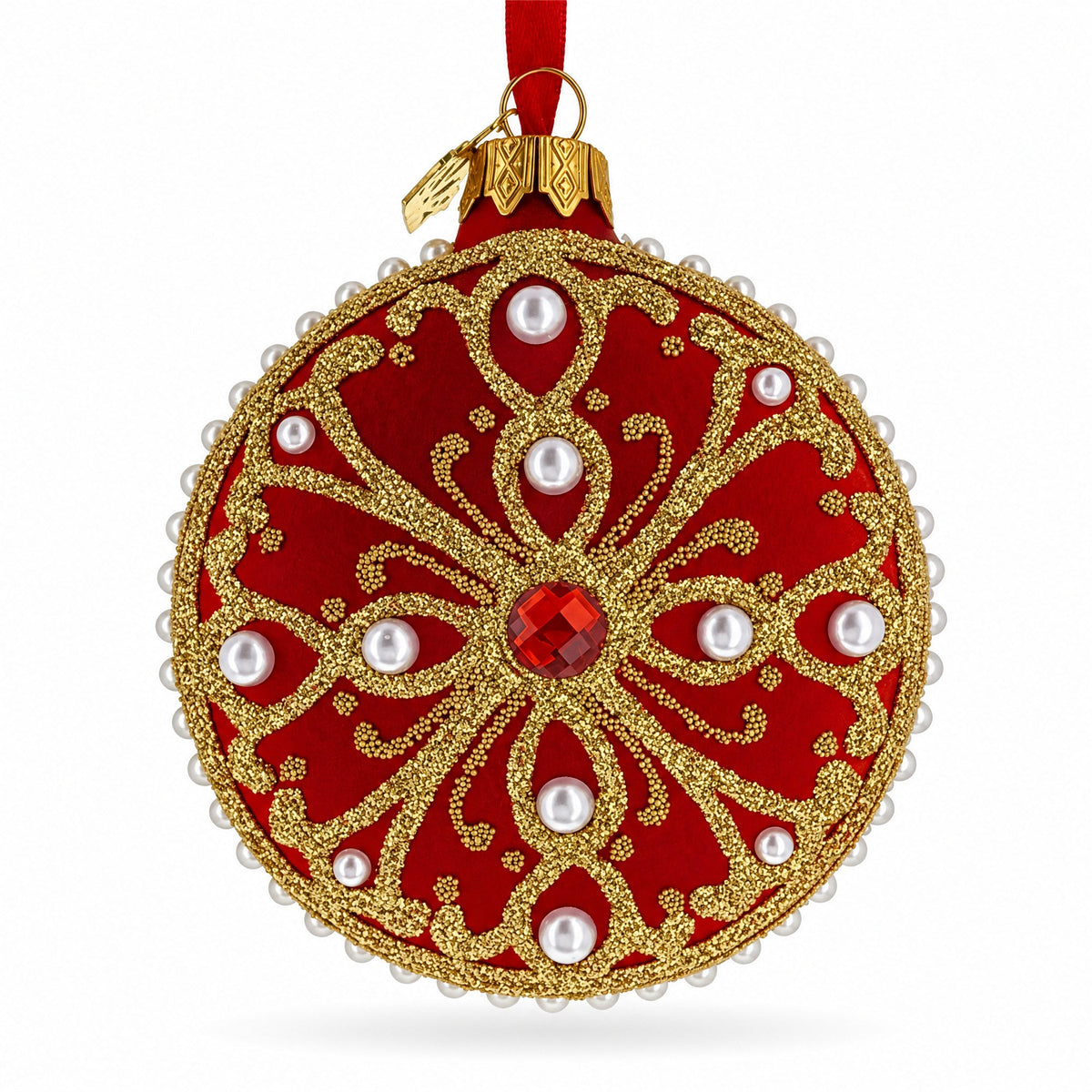 Boutique Scarlet Scrollwork Pearl Accent Glass Disc Christmas Ornament