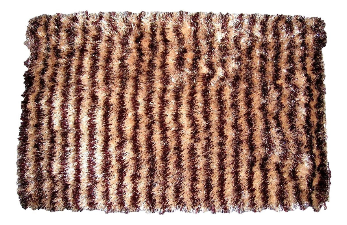 DaDa Bedding Shaggy Soft Door Mat Carpet Rug - 20" x 32" Striped Shiny Coffee Light Beige / Dark Brown