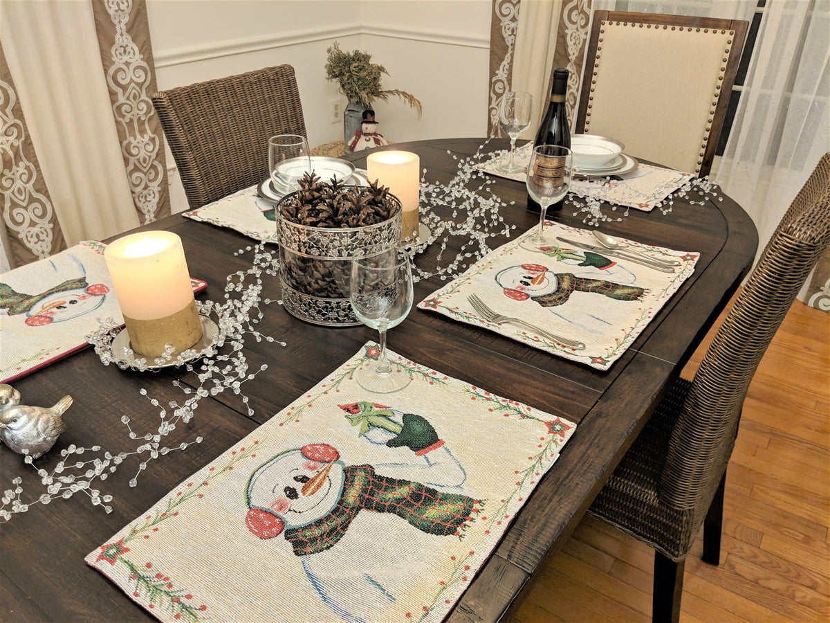 DaDa Bedding Set of 8 Pieces Magical Snowman Holiday Table Tapestry - 4 Placemats, 2 Table Runners, 2 Throw Pillow Covers (9733)