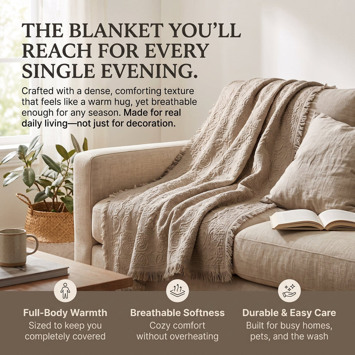 DaDa Bedding Elegant Fringed Cotton Quilted Throw Blanket - Luxurious Solid Soft Paisley Pattern, Cozy Lightweight Lap Throw, Perfect for Couch or Bed, Neutral Sandy Taupe Tan Beige, 50x60 Inches